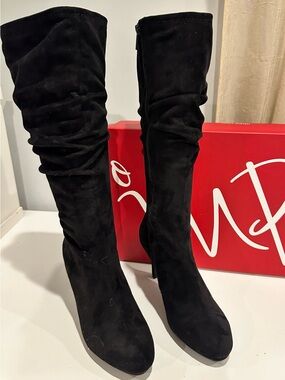 Impo Black Knee-High Slouch Suede Heeled Boots